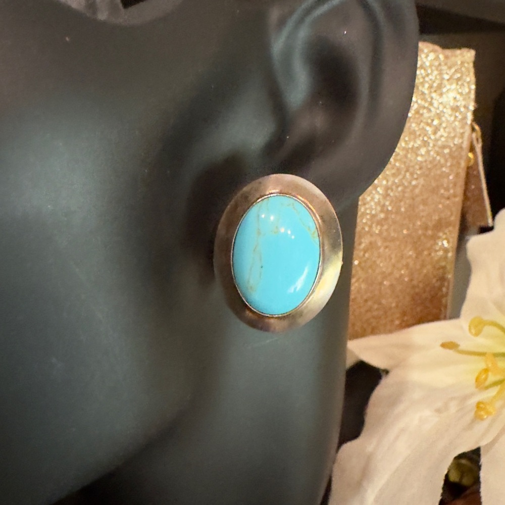 ❌SOLD❌ Vintage Handmade Large Turquoise Stud Earrings Solid 925 Sterling Silver - Picture 8 of 15